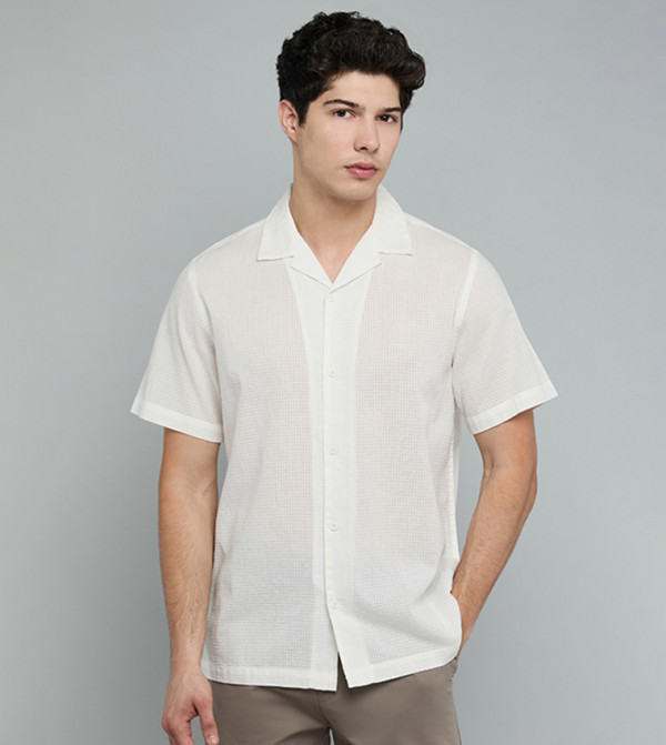 Textured Shirt with Revere Collar and Short Sleeves