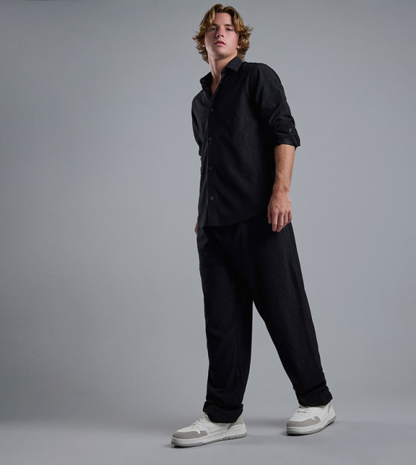 Textured Loose Fit Pants with Drawstring Waist