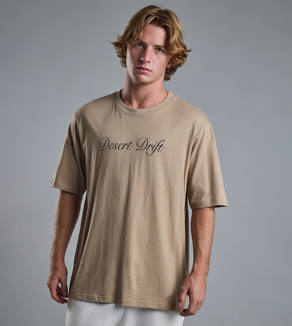 Typography Print T-Shirt with Crew Neck and Short Sleeves