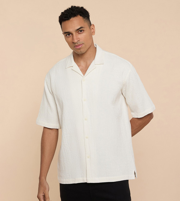 Textured Shirt with Revere Collar and Short Sleeves