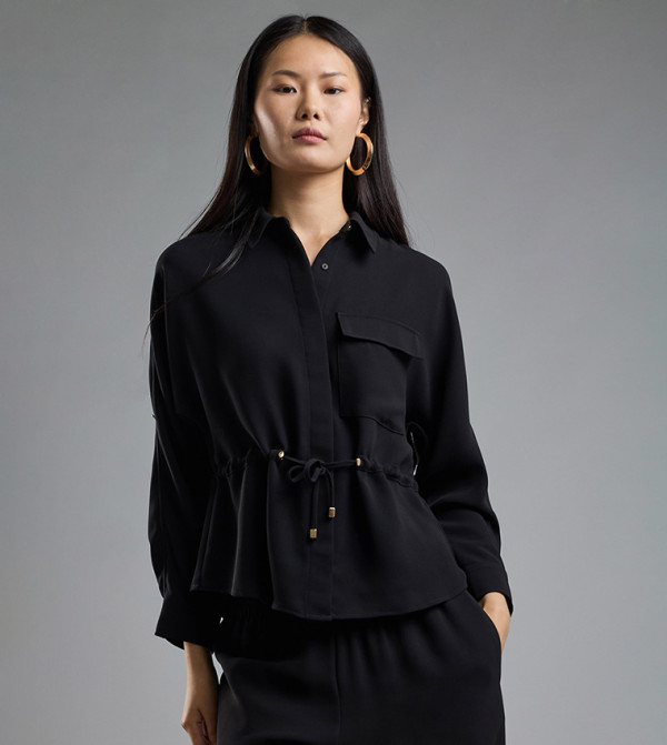 Solid Drawstring Shirt with Classic Collar and Long Sleeves