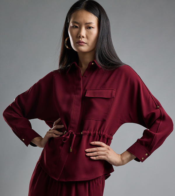 Solid Drawstring Shirt with Classic Collar and Long Sleeves