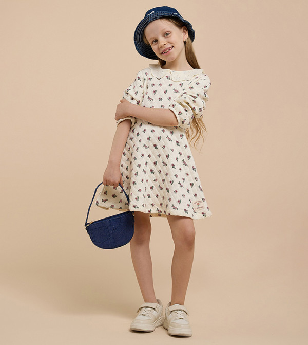 Printed A-Line Dress with Peter Pan Collar and Long Sleeves