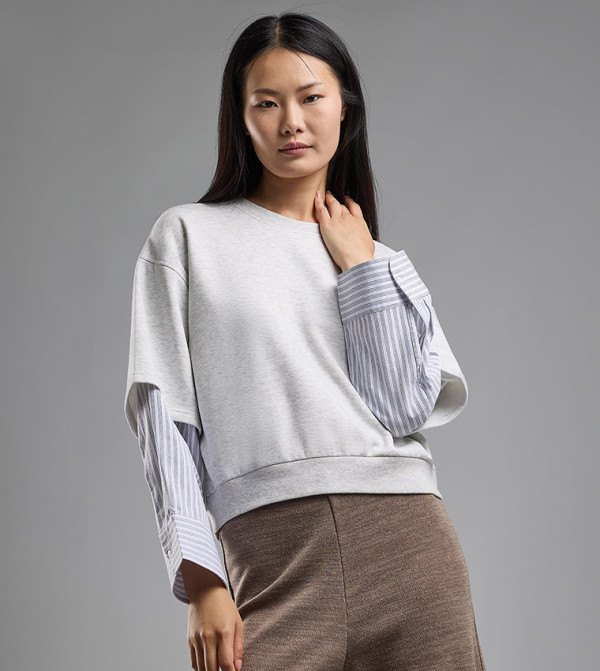 Solid Layered Sweatshirt with Crew Neck and Long Sleeves