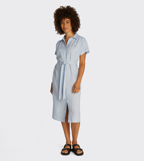 Flag Detail Belted Linen Shirt Dress