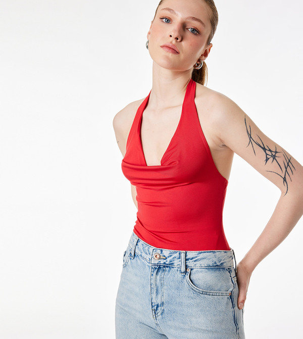 Cowl Draped Halterneck Sleeveless Bodysuit Top