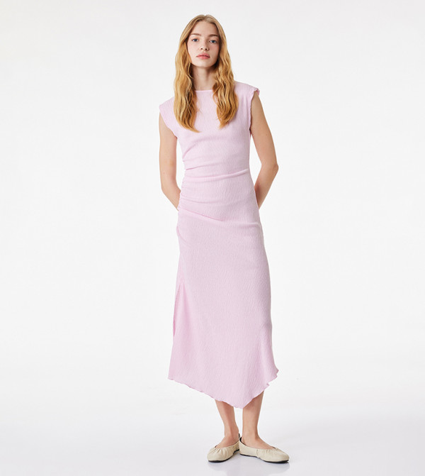 Ruched Side Cap Sleeve Asymmetric Midi Dress