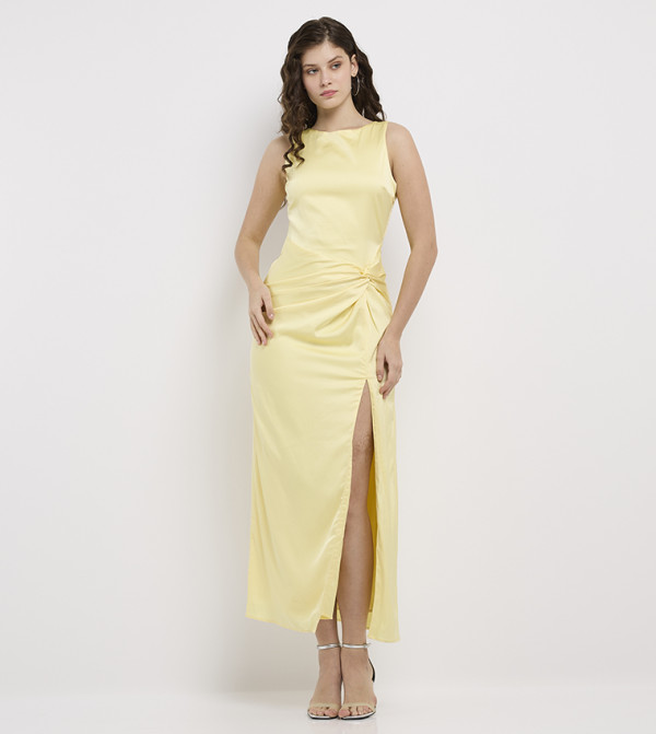 Solid Knot Detail Slit Midi Dress