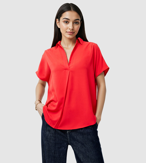 Solid Collared Short Sleeves Top