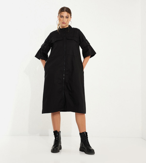 Solid Pocket Detail High Neck Dress