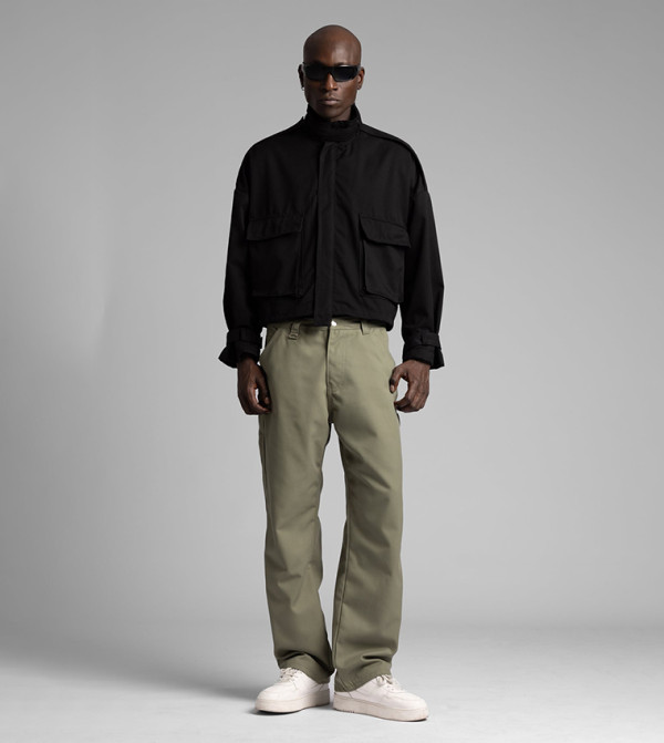 Solid High Neck Utility Denim Jacket