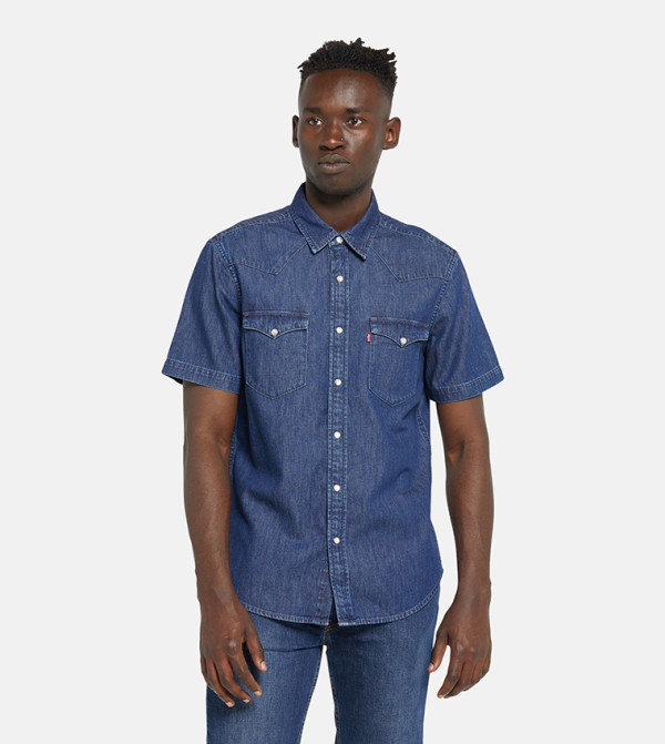 Logo Label Short Sleeves Denim Shirt