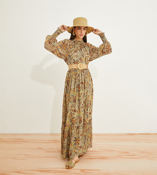 Floral Print Long Sleeves Maxi Dress