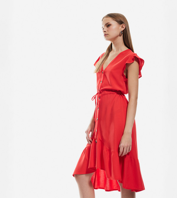 Belted V-Neck A-Line Dress