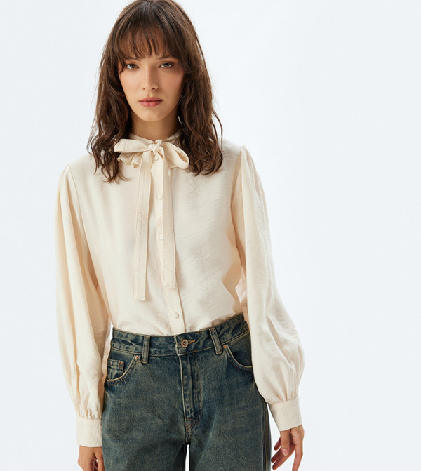 Crinkled Bow Tie Balloon Sleeves Shirt