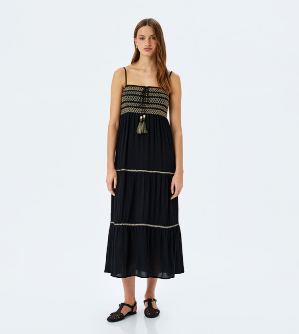 Embroidered Strappy Midi Dress
