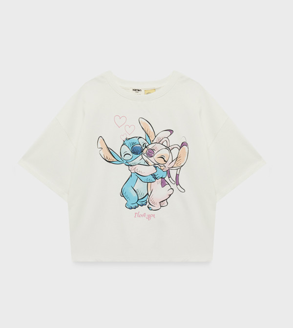 تيشيرت قطن بطبعة ستيتش وقبة مستديرة