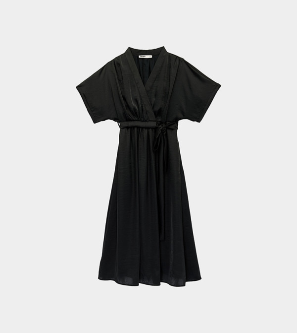 Tie Detail V-Neck Midi Satin Dress