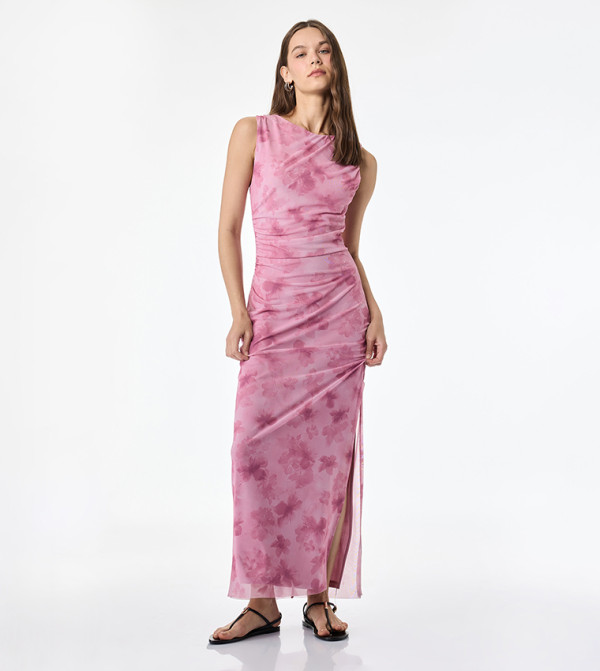Floral High Neck Mesh Bodycon Maxi Dress