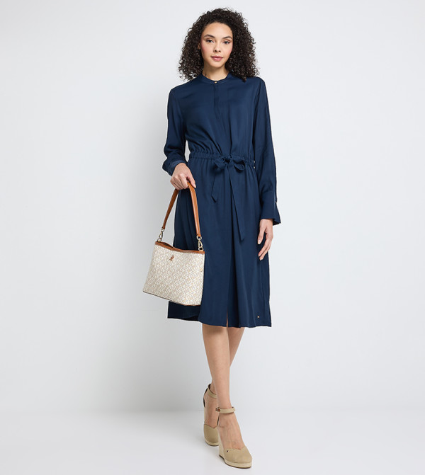 Solid Belted Long Sleeves Midi Dress
