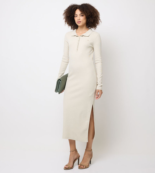 Ribbed Collared Slit Midi Dress