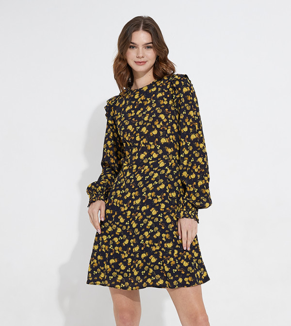 Floral Ruffle Detail Flared Dress