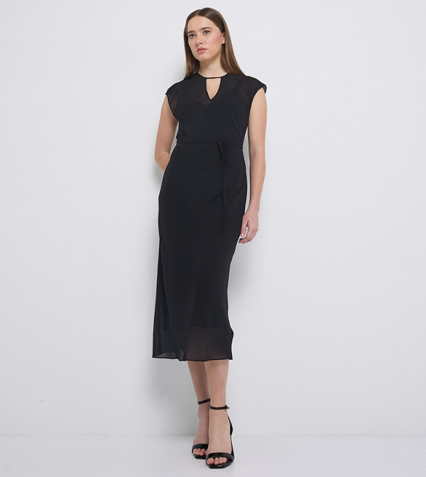 Belted Keyhole Neck Sheer Midi Dress