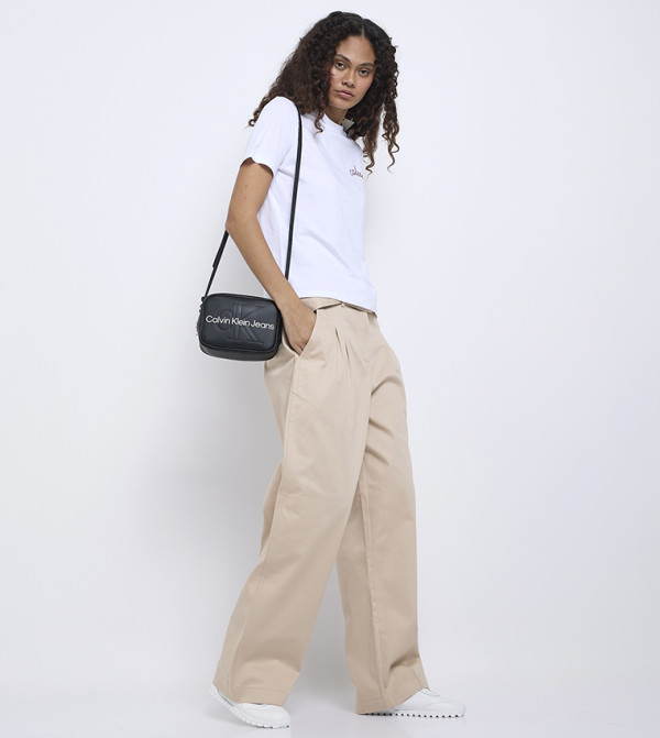 Solid Cotton Twill Belted Wide Leg Trousers