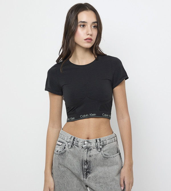 Logo Waistband Round Neck Crop Top