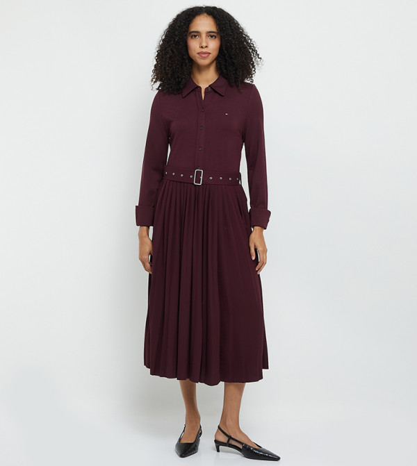 Solid Belted Pleated Midi Dress