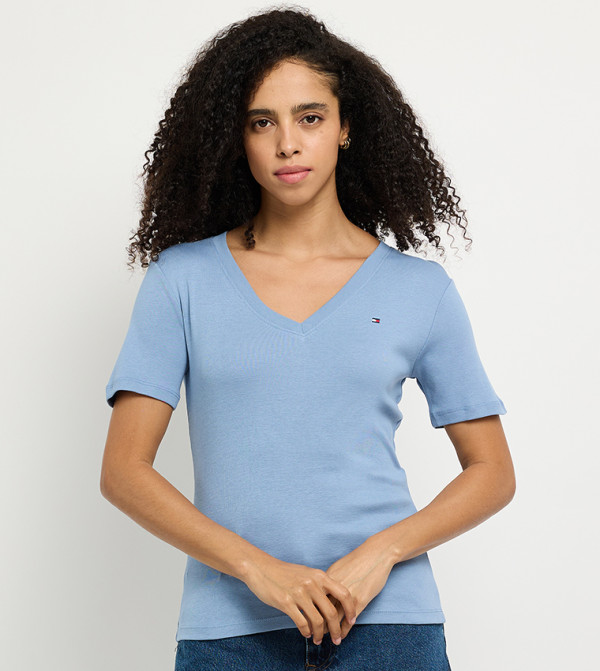 Flag Embroidered V-Neck Slim Fit T-Shirt