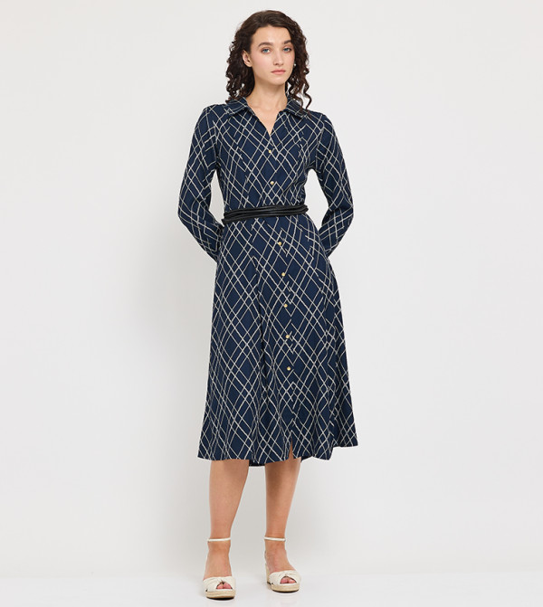 Patterned Long Sleeves Midi Shirt Dress