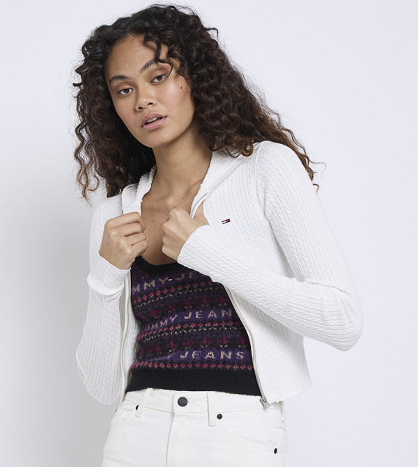 Buy Tommy Jeans Cable Knit Zip Through Hooded Cardigan In White