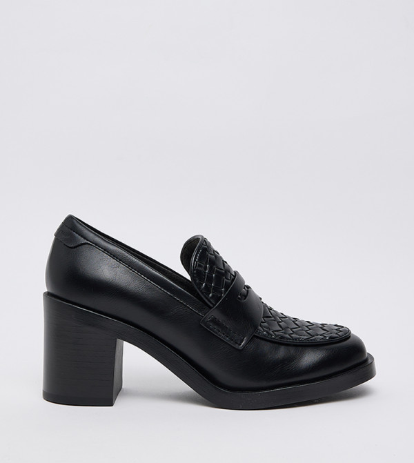 Woven Detail Block Heel Penny Loafer Pumps