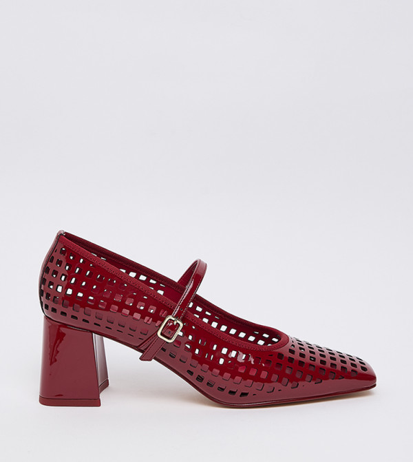 Patent Perforated Square Toe Block Heel Mary Jane Pumps