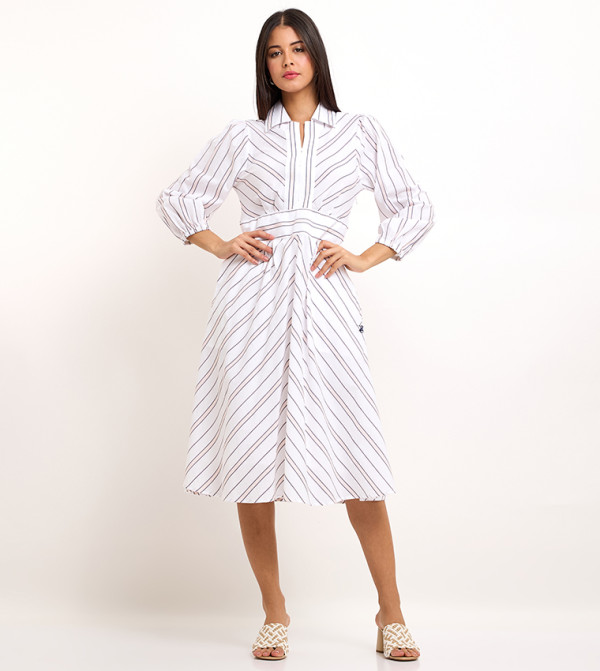Striped 3/4 Sleeves Midi Dress