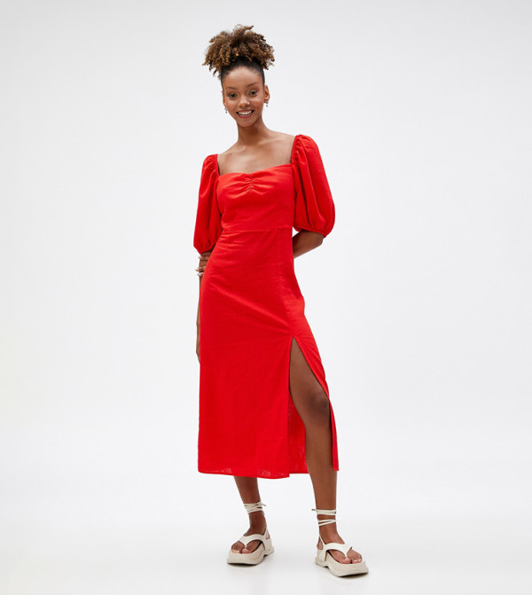 Ruched Puff Sleeves Slit Dress