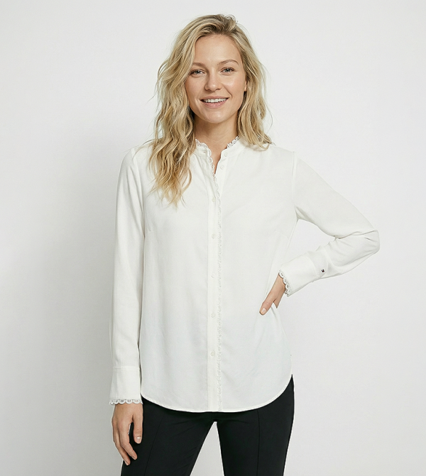 قميص لينن بحواف دانتيل وكم طويل 