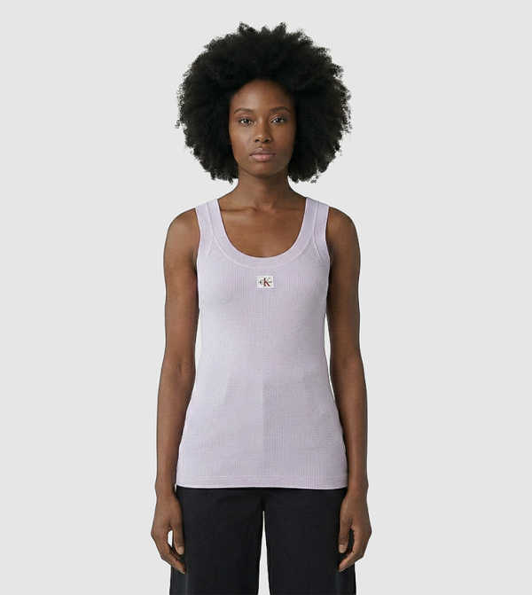 Label Detail Scoop Neck Woven Tank Top