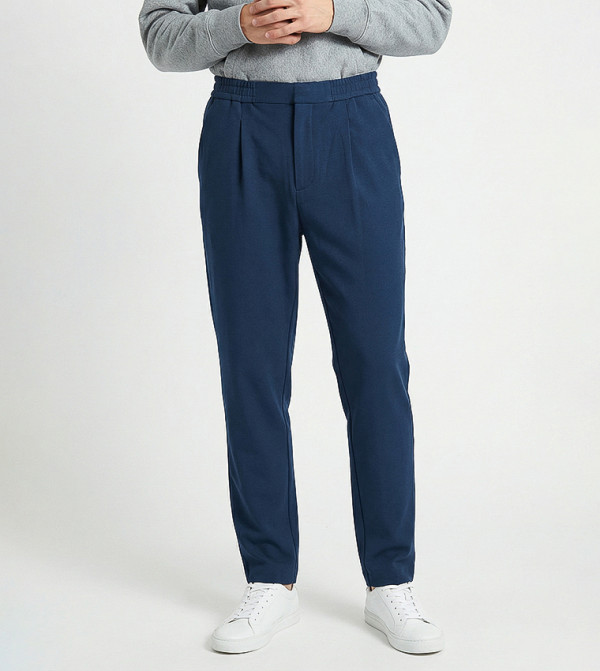 Solid Elastic Waist Slim Tapered Fit Trousers