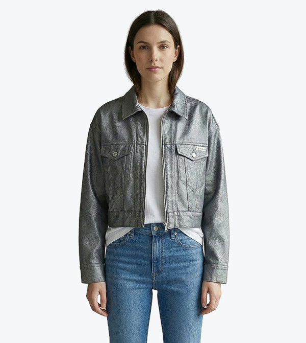 Shimmer Zip Through Denim Bomber Jacket