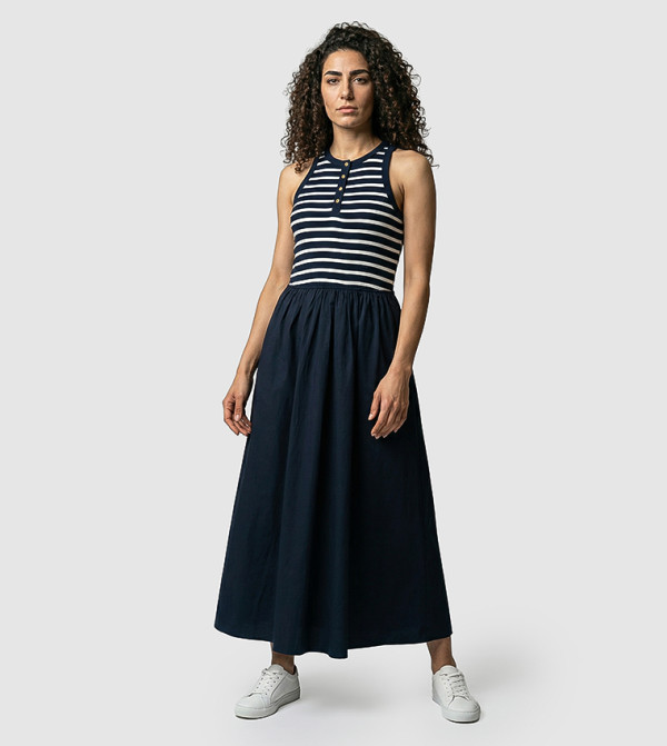 Stripe Detail Sleeveless Flared Midi Dress