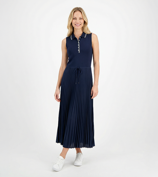 1985 Pleated Polo Neck Midi Dress