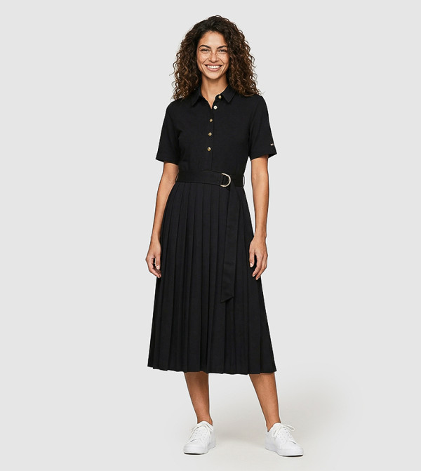 Solid Belted Flared Midi Dress