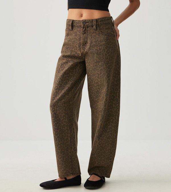 Printed High Rise Barrel Fit Jeans