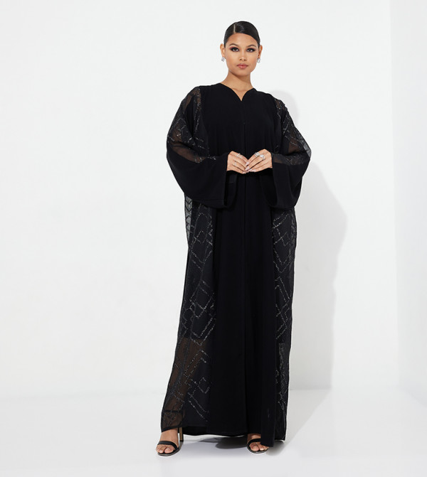 Embellished Sheer Detail Wide Sleeves Abaya