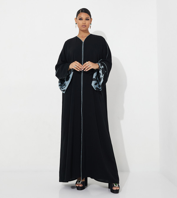 Embroidered Cuff V-Neck Abaya