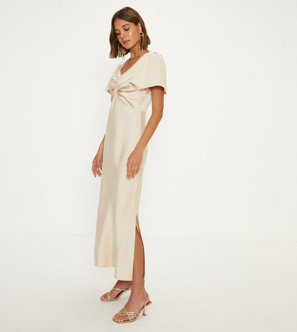 Satin Twist Front Angel Sleeves Midi Dress