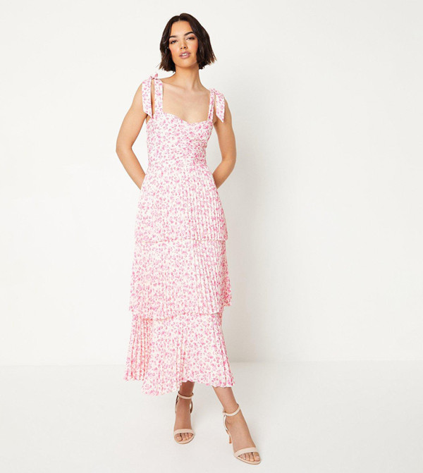 Ditsy Floral Printed Pleated Tie Shoulder Midaxi Dress