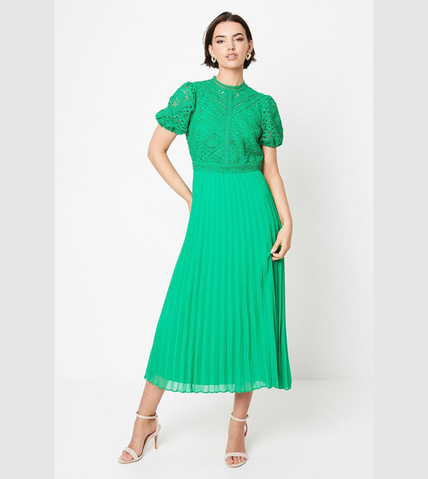 Lace Puff Sleeves Pleated Midi Dress